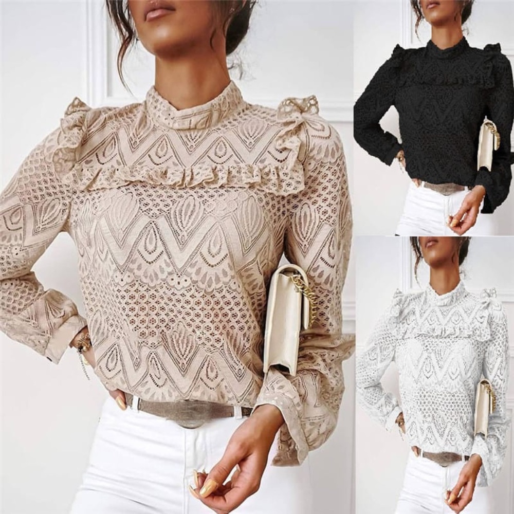 AFTER XMAS CLEARANCE SALE! Chic Mock Neck Lace Patchwork Ruffle Blouse
